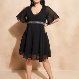 CURVE BY KASSUALLY Sparkle Foil Knitted Flared Sleeve Georgette Sequined Fit Flare Plus Size Dress-image-38