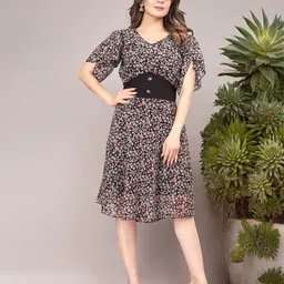 BAESD Floral Printed Flared Sleeve Georgette Fit & Flare Dress-image-25
