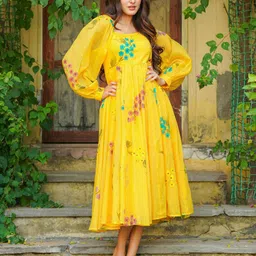 Ambraee Floral Hand Painted Puff Sleeve Georgette Fit & Flare Dress-picture-37