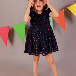 KidsDew Girls Conversational Printed Ruffled Fit & Flare Dress With Hairband & Bloomer-35