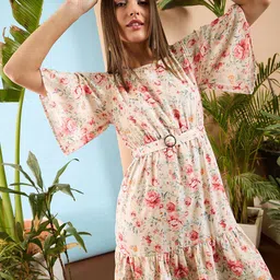 SASSAFRAS Floral Printed Flared Sleeves Belted Fit & Flare Dress-image-71