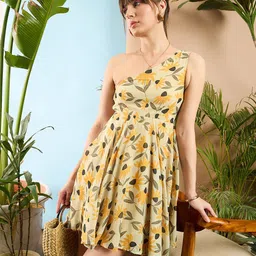 SASSAFRAS Floral Printed One Shoulder Fit & Flare Dress-image-75