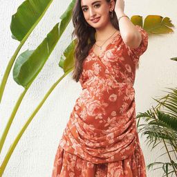 SASSAFRAS Floral Printed Puff Sleeves Gathered Detail Georgette Fit & Flare Mini Dress-image-64