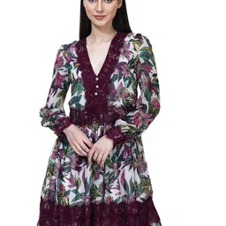 TSM V-Neck Floral Printed Georgette Fit & Flare Dress-image-2