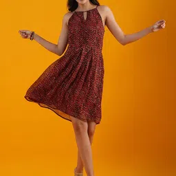 Globus Rust Animal Print Keyhole Neck Georgette Fit & Flare Dress-image-97