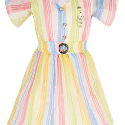 Wish Karo Girls Striped V-Neck Flared Sleeves Embellished Georgette Fit & Flare Dress-image-9