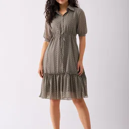 AASK Self Design Shirt Collar Fit & Flare Dress-image-30
