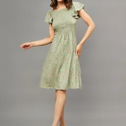 THE PAJAMA FACTORY Floral Printed Smocked Flutter Sleeves A-Line Dress-image-97
