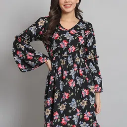 REBERRY Women Floral Print Bell Sleeve Fit & Flare Dress-picture-44