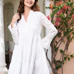 Athena White Schiffli Tiered A-Line Cotton Dress-image-49