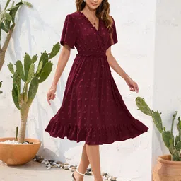 StyleCast Magenta Self Design V-Neck Fit & Flare Cotton Dress-image-21