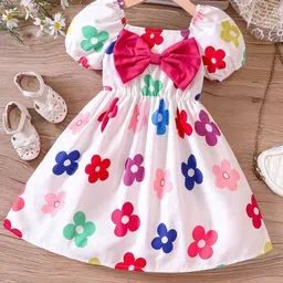 BAESD Girls Floral Print Square Neck Puff Sleeves Crepe Fit & Flare Dress-picture-5