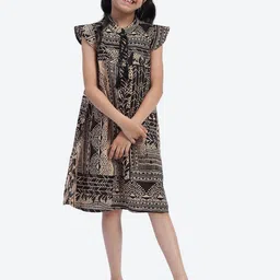 ShilpShakti Girls Animal Printed Tie-Up Neck Cap Sleeves Cotton A-Line Dress-image-32