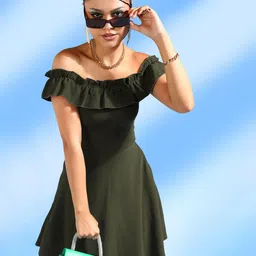 Veni Vidi Vici Women Off-Shoulder Flutter Sleeve Fit & Flare Dress-image-51
