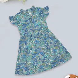 MeeMee Girls Floral Print Flutter Sleeve Cotton Fit & Flare Dress-image-4