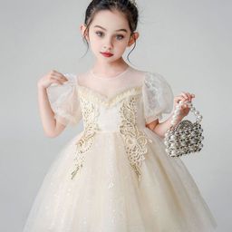 INCLUD Girls Round Neck Embellished Puff Sleeve Fit & Flare Dress-picture-49