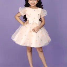 V-Mart Geometric Embellished Puff Sleeves Sequinned Detailed Cotton Net Fit & Flare Dress-15