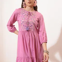 Vishudh Floral Embroidered Tie-Up Neck Puff Sleeves Fit & Flare Dress-picture-4