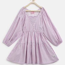 TALES & STORIES Girls Striped Puff Sleeve Fit & Flare Dress-picture-5
