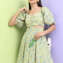Tokyo Talkies Off White Abstract Printed Puff Sleeves Cut-Out Detailed Fit & Flare Dress-image-37