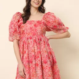 Trend Arrest Floral Printed Puff Sleeve Organza Fit & Flare Dress-20