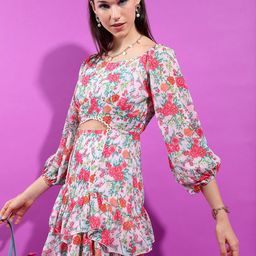 Tokyo Talkies Sweetheart Neck Floral Printed Cut Out Layered Smocked A-Line Dress-image-80