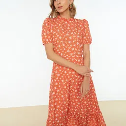 Trendyol Floral Print Puff Sleeve Fit & Flare Ruffles Dress-image-29