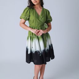 Strong And Brave Tie And Dye Printed Puff Sleeve Wrap Midi Dress-24