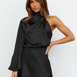 StyleCast Black Cowl NeckOne Shoulder Puff Sleeves A-Line Dress-image-19