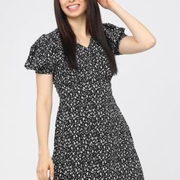 Tokyo Talkies Women Black & White Floral V-neck A-Line Dress-image-44