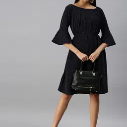 SHOWOFF Navy Blue Boat Neck A-Line Dress-image-14