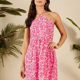 Marie Claire Floral Printed Halter Neck Sleeveless A-Line Dress-picture-1