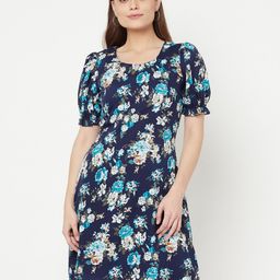 RAASSIO Women Blue Floral Crepe A-Line Dress-image-2