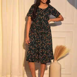 BAESD Girls Conversational Printed Round Neck Fit & Flare Pleated Midi Dress-21