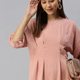 SHOWOFF Peach-Coloured & White Polka Dot Crepe A-Line Dress-picture-27