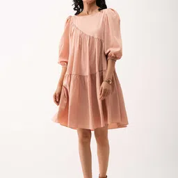 AASK Puff Sleeves Gathered Details Drop Waist Dress-image-21
