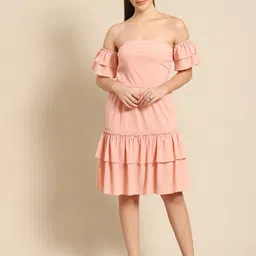 DODO & MOA Peach-Coloured Off-Shoulder Layered Dress-image-8