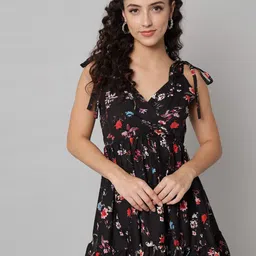 emeros Black & Red Floral Print Crepe Mini Dress-picture-10