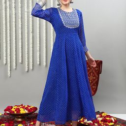 Sangria Striped Keyhole Neck Embroidered Fit & Flare Ethnic Dress-image-77