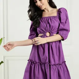 DRAPE AND DAZZLE Puff Sleeve Cotton Fit & Flare Dress with Cut-Outs-image-42
