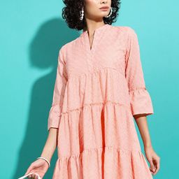 Vishudh Peach Coloured Embroidered Bell Sleeves Tiered A-Line Dress-image-6