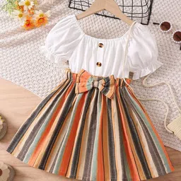 BAESD Girls Striped Puff Sleeves Fit And Flare Dress-43