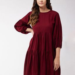 InWeave Maroon Puff Sleeve Tiered A-Line Dress-picture-53
