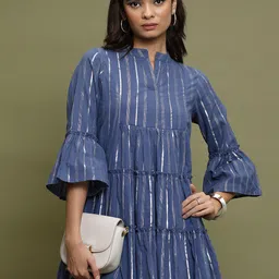 Vishudh Striped Mandarin Collar Bell Sleeves Cotton A-Line Dress-image-44