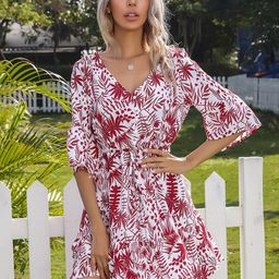 StyleCast White & Burgundy Floral Printed Bell Sleeve A-Line Dress-image-39