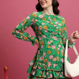 Tokyo Talkies Green & Orange Floral Printed A Line Dress-image-9