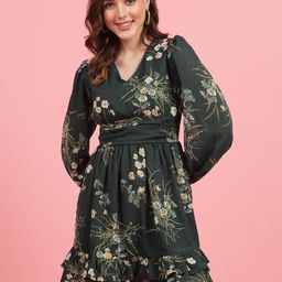 plusS Green Floral Printed Puff Sleeves Gathered A-Line Dress-picture-18