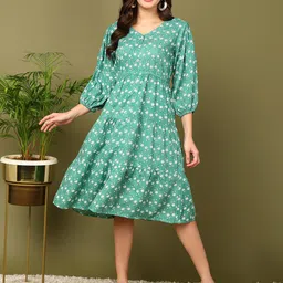 mokshi Green Floral Printed Bishop Sleeves Empire Dress-image-30