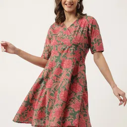 Divena Floral Printed V-Neck Cotton A-Line Dress-picture-30