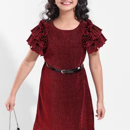 Hola Bonita Girls Embellished Flutter Sleeves A-Line Dress With Belt-50